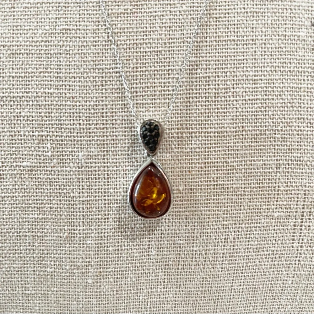 JTV Teardrop Amber and Black Stone Pendant Necklace Sterling Silver - Picture 2 of 5